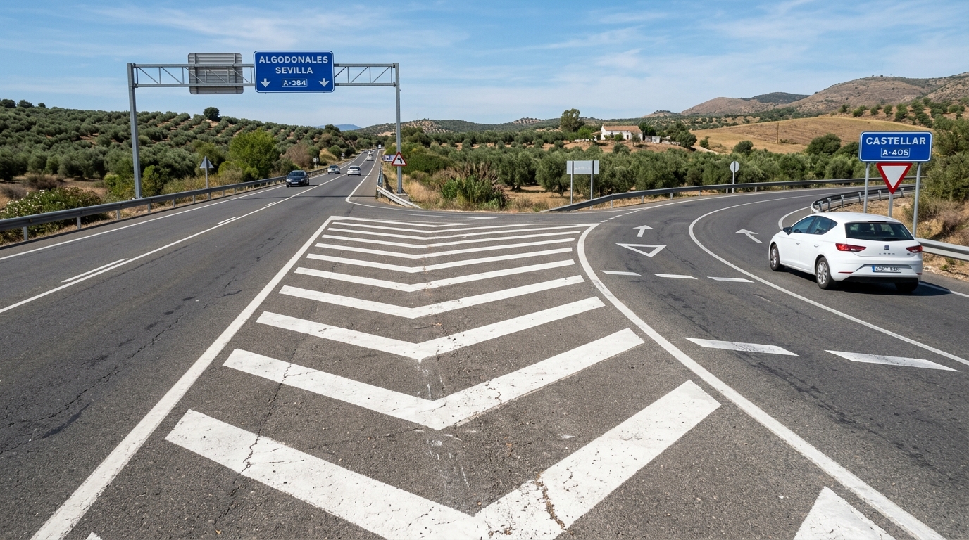 Zona de isleta pintada con cebreado de rayas blancas